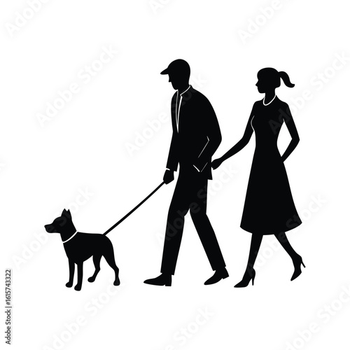 Couple walking their dog on a leash