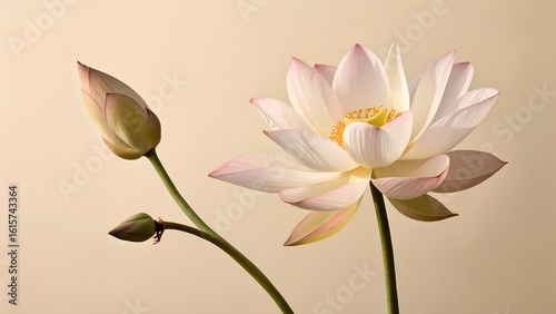 A delicate pink and white lotus flower and bud isolated on a light background