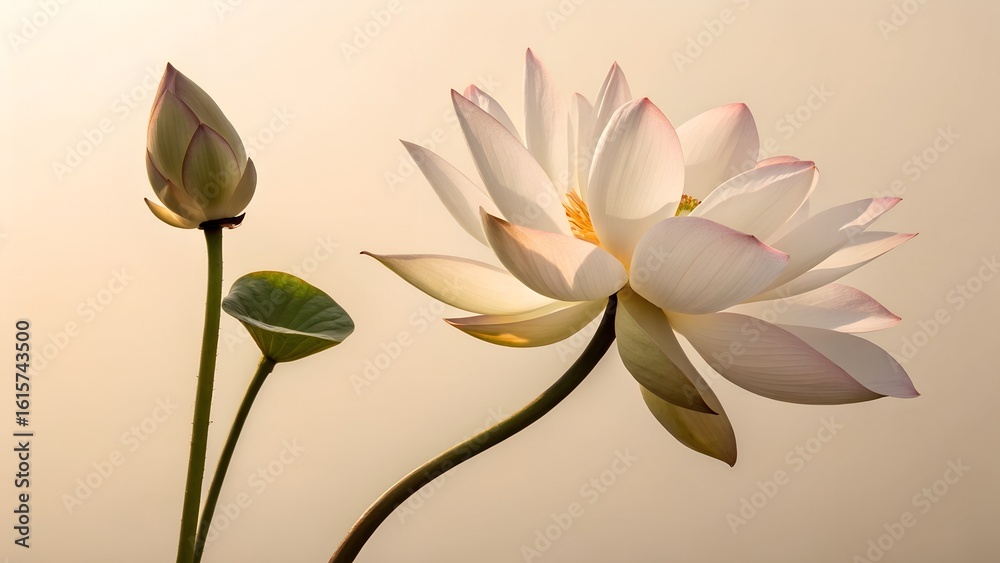 Fototapeta premium A serene lotus flower in full bloom stands beside a closed bud, bathed in soft light