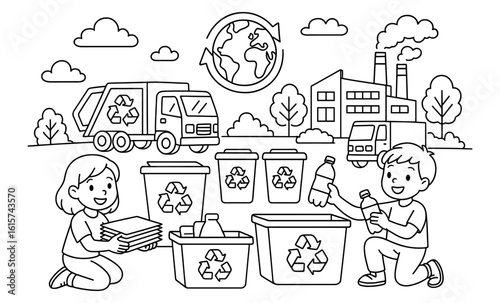 Children engaged in recycling activities with eco-friendly bins and trucks in a linear style