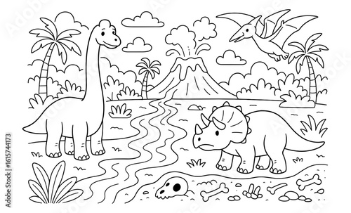 Dinosaur coloring page with volcano and jurassic landscape for kids