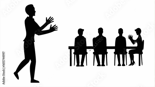 Silhouette of a woman standing with raised hands addressing a seated panel of four people at a table