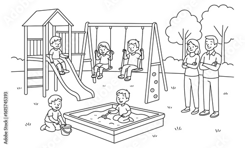Children playing in park playground with parents watching, black and white outline