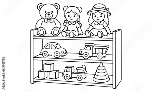 Outline style kids toy shelf with stuffed animals and wooden toys