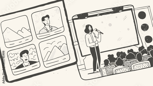 Presentation with a speaker on a screen and a video call with four participants on another screen silhouette