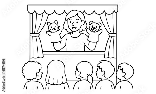 Puppet show fun: engaging kids with cat and bear hand puppets in theater setting