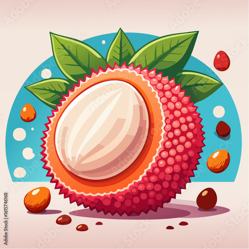 Vibrant lychee fruit illustration with leaves against a stylized background graphic