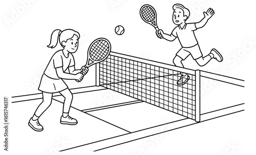 Line art of children playing tennis in an active fun scene outdoors