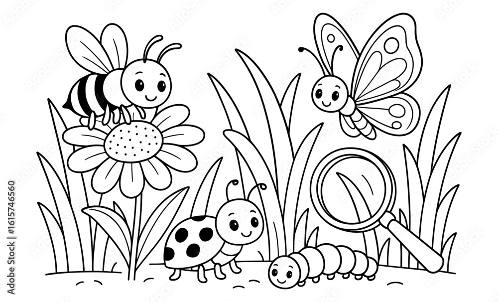 Fototapeta premium Cute outline insects in a garden scene with a magnifying glass