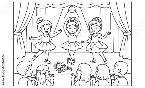 Joyful ballet performance for kids on stage with audience applause in theater