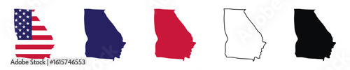 A Georgia state map vector illustration set featuring outline and solid fills, with American flag in blue, red, and black, perfect for geography education, travel guides, and patriotic design content