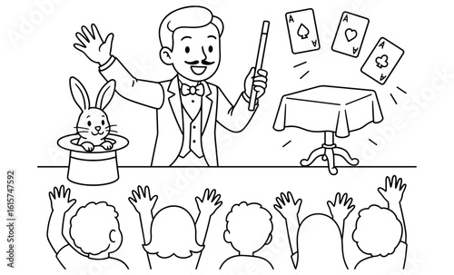 Magician performing tricks for enthusiastic audience in line art style