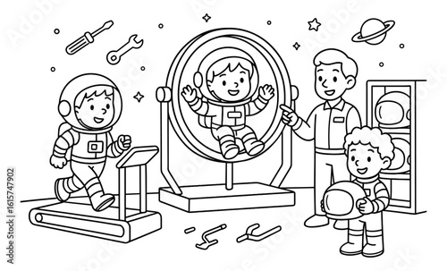Children exploring space in science classroom with astronaut suits and equipment