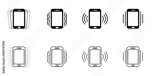 Phone vibration icon set featuring mobile device line and solid style symbols, showing shaking or ringing motion for use in app interfaces, alerts, notifications, and indicators