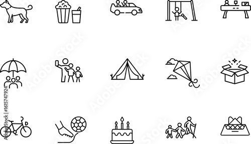 Minimalist family activities icon set for outdoor fun, travel, and celebrations