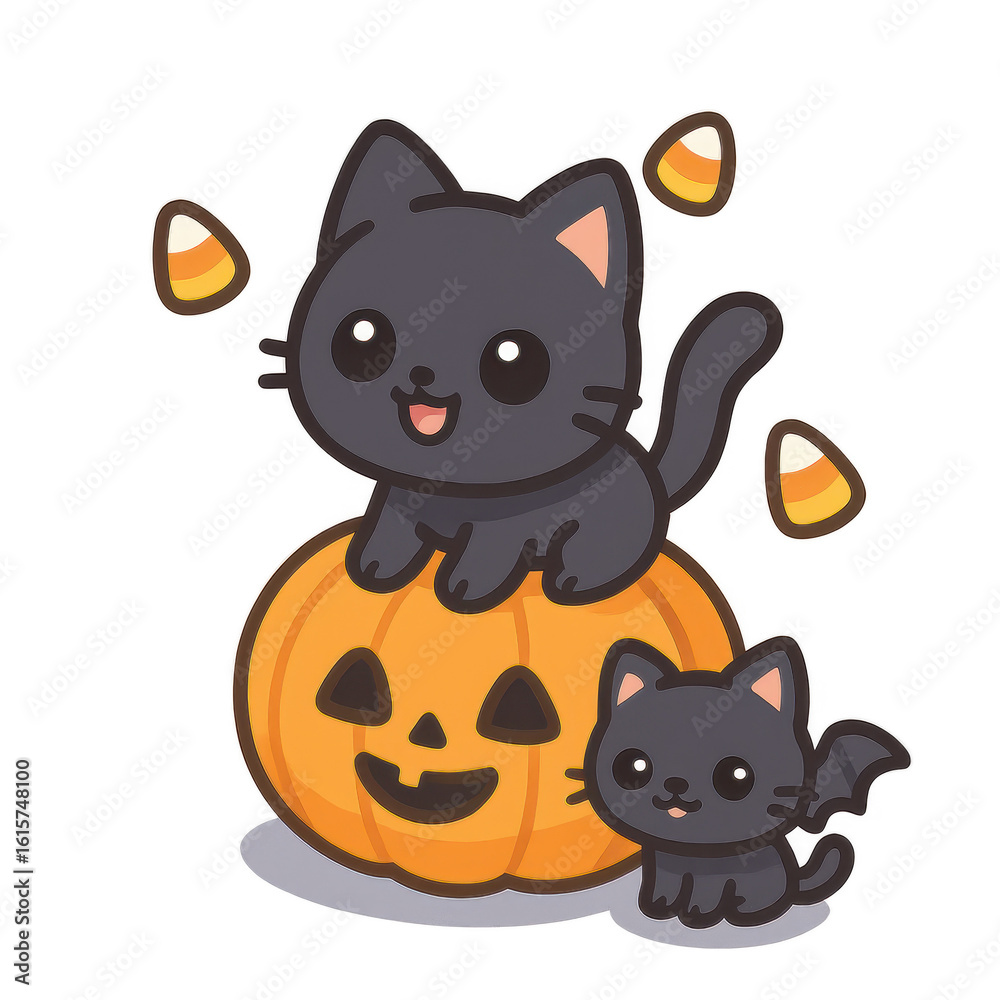 Fototapeta premium Cute black cats celebrate Halloween joyfully.