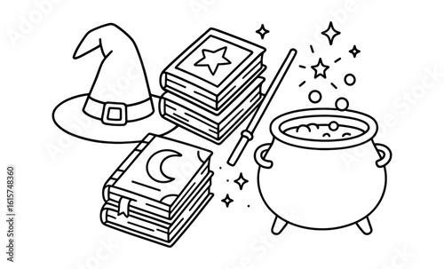 Magic line art: witch hat, spell books, wand, and cauldron