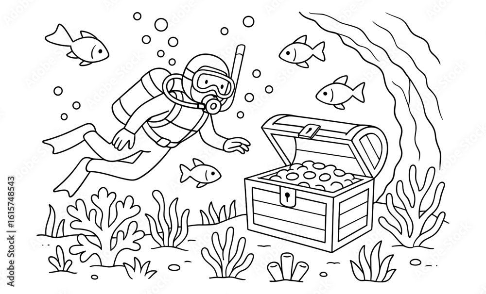 Obraz premium Diver exploring underwater treasure chest with fish in ocean scene