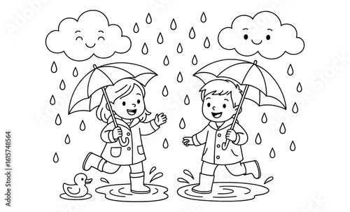 Cute kids playing in the rain coloring page with umbrellas and rain boots