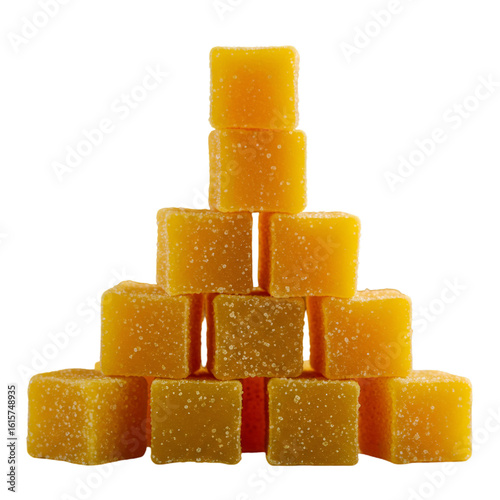 Realistic Isolated Image Of Yellow Cube Gummies Stacked on Transparent Background