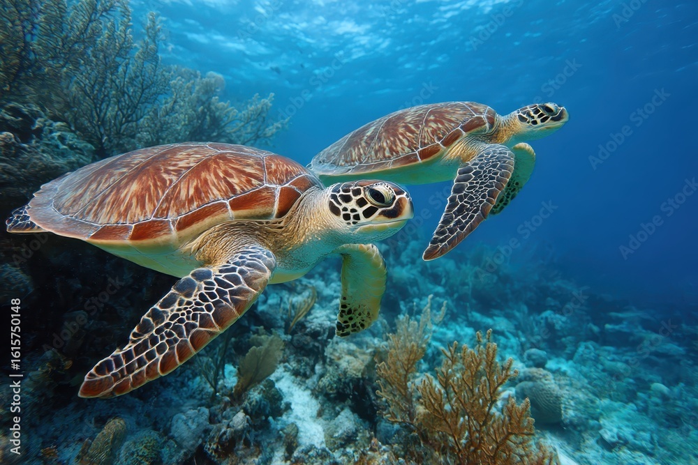 Obraz premium Sea turtles swimming near coral reef