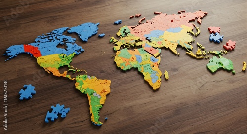 Colorful Puzzle World Map on Wooden Floor