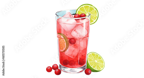 Refreshing Illustration Of A Red Cocktail With Lime And Cranberries On Ice