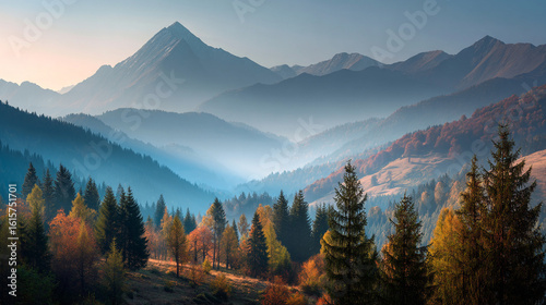 A scenic view of mountain ranges with autumn foliage and a hazy blue atmosphere