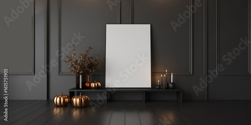 Vertical Frame Mockup with Halloween Decor on Dark Wall