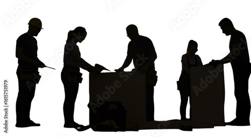 Silhouette Construction Team Assembling Wood Structure On Black Background