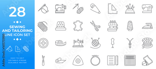 A line icon set for sewing and tailoring with editable stroke style, perfect for needlework, fashion design, clothing creation, textile industry, craft, hobby, and creative projects