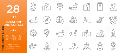 Location line icon set featuring map pins, navigation routes, compass, globe, target, and human shapes, ideal for apps, web design, and digital projects with editable stroke graphics