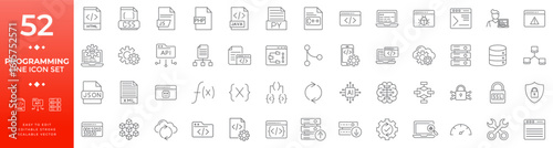 Programming and coding line icon set with editable stroke, including web development, software engineering, API, database, server, cybersecurity, and data science symbols for applications
