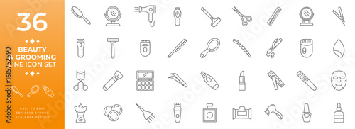 Line icon set featuring beauty and grooming tools, including haircare, skincare, makeup, personal care, and salon equipment symbols for use in digital and print applications
