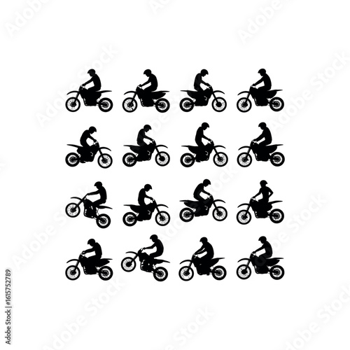 Black silhouettes of motocross riders on motorcycles in various action poses black and white