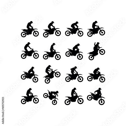 Black silhouette motocross riders on motorcycles performing stunts vector