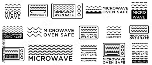Set of microwave oven safe vector icons featuring line style food safety symbols for containers, labels, packaging, and appliances used in product labeling and safety designs