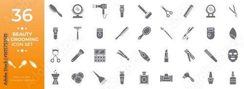 Solid icon set featuring beauty and grooming tools, including hair care, skincare, makeup, personal care, and salon equipment symbols for use in digital and print design