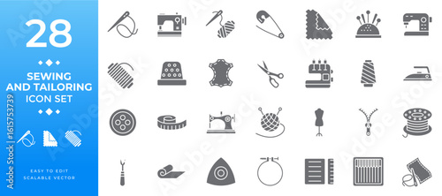 A solid glyph icon set representing sewing and tailoring tools, ideal for needlework, fashion design, clothing creation, textile crafts, creative projects, and hobby-related illustrations