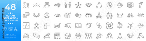 Line icon set illustrating human interaction concepts including communication, teamwork, collaboration, empathy, relationships, leadership, and support for apps, websites, and presentation use