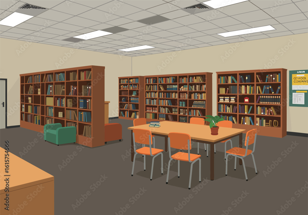 Obraz premium Spacious library interior with numerous bookshelves, study tables, and comfortable seating.