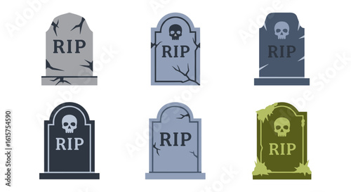 A collection of six diverse gravestones and tombstones, some featuring skull motifs and RIP inscriptions, on a clean white background.