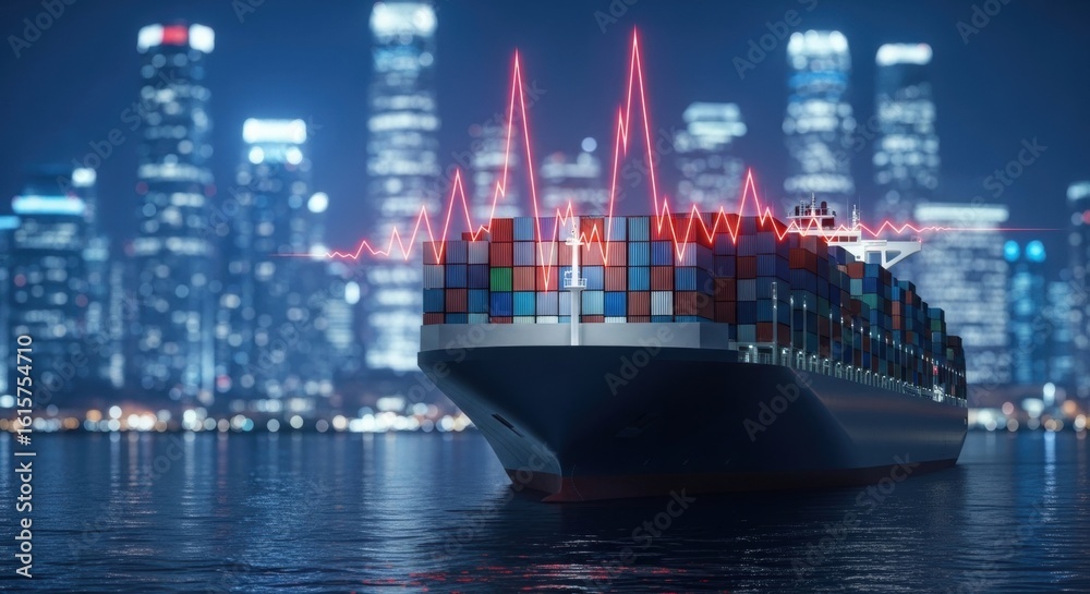 Fototapeta premium A cargo ship filled with containers on the water with a city skyline and red graph overlayed on top