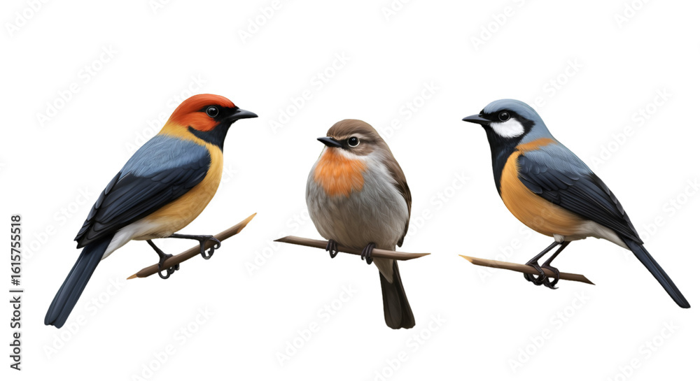 Fototapeta premium Realistic PNG Illustration Of Three Colorful Birds Perched On Branches On Black Background