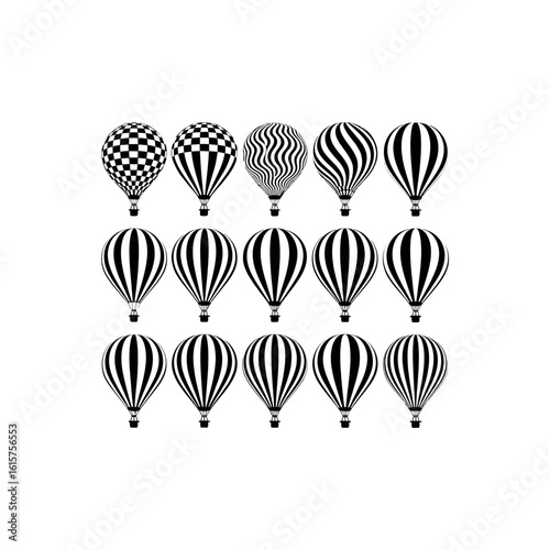 Fifteen black and white hot air balloons with various patterns airship zeppelin