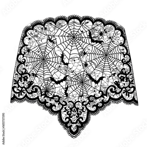 Wallpaper Mural Halloween Lace Decoration: Spooky and festive black lace table runner intricately designed with spiderwebs, bats and spider, evoking a sense of eerie charm for the holiday. Torontodigital.ca