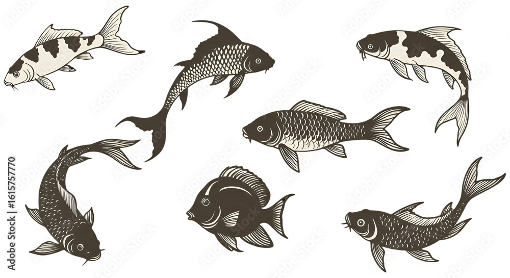 Obraz premium Pixelated Fish Illustration On Transparent Background Black and White Colors