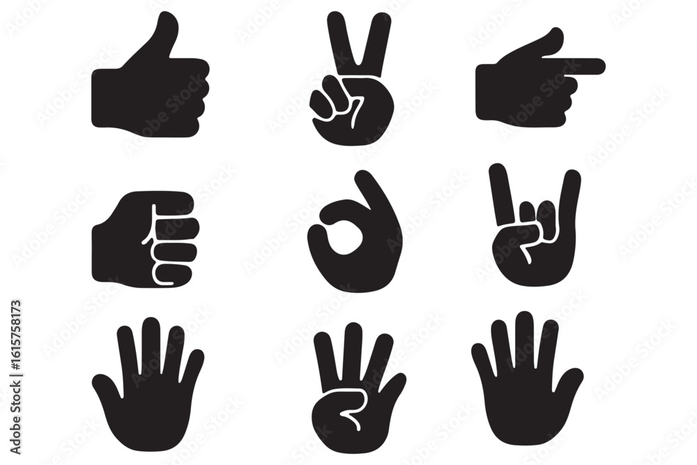 Fototapeta premium Hand gesture icon set. All type of hand emojis, gestures, stickers, emoticons flat vector illustration symbols. Hands, handshakes, muscle, finger, fist, direction, like, unlike, fingers collection