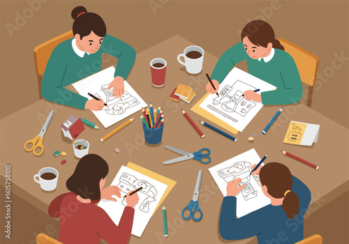 Four women sit around a large table, focused on drawing and coloring pictures during a creative art workshop or hobby session.