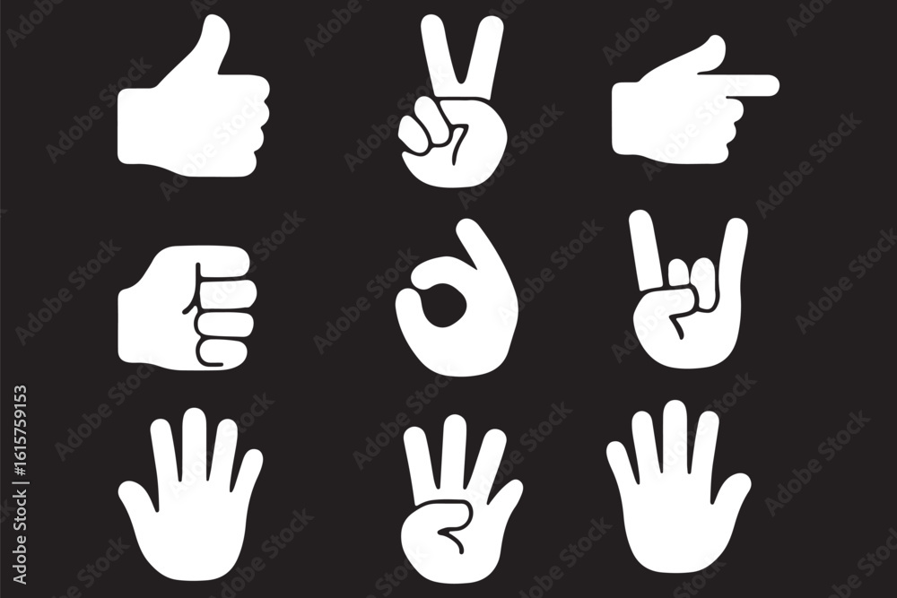 Fototapeta premium Hand gesture icon set. All type of hand emojis, gestures, stickers, emoticons flat vector illustration symbols. Hands, handshakes, muscle, finger, fist, direction, like, unlike, fingers collection